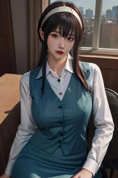 Yoru_Briar, One person, White hair band, ((Twin tails, Side Lock)), Black Hair, ((Red eyes)), Green vest, White shirt, Long sleeve, Green pencil skirt, Thighs, Upper Body, ((Leaning forward)), Are standing, (Cowboy Shot,Realistic, photoRealistic), (masterpiece, 最high quality, high quality), (colorful),(Delicate eyes and face), Volumetric Light, Ray Tracing, Highly detailed CG Unity 8k wallpaper, indoor, living room, sofa, Decorations, chandelier, Mountain of books,
