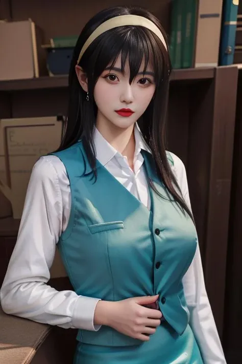 best quality, masterpiece,real,realistic, photo,photorealistic,upper body, looking at viewer,
1girl,yor forger,office suit,vest, collared shirt, pencil skirt, hairband,
<lora:yor forger_v2_01:0.8><lora:chilloutmixss20_v20:0.4>
