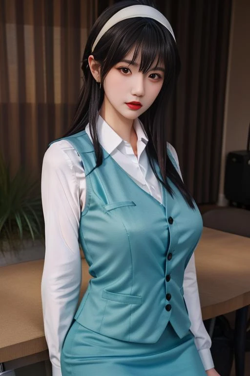 yor_briar, 1girl, white hairband, ((twintails, sidelocks)), black hair, ((red eyes)), green vest, white shirt, long sleeves, green pencil skirt, thighs, upper body, ((leaning forward)), standing, (cowboy shot,realistic, photorealistic), (masterpiece, best quality, high quality), (colorful),(delicate eyes and face), volumatic light, ray tracing, extremely detailed CG unity 8k wallpaper, indoors, living room, sofa, decorations, chandelier, book stack,(big Breasts:1.68),