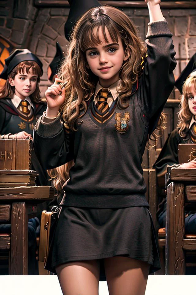 upperbody portrait of 18 years old , (happy: 1.5), (Hogwarts uniform),Hogwarts background, frontal view <lora:ComicsEmmaWatson:0.9>