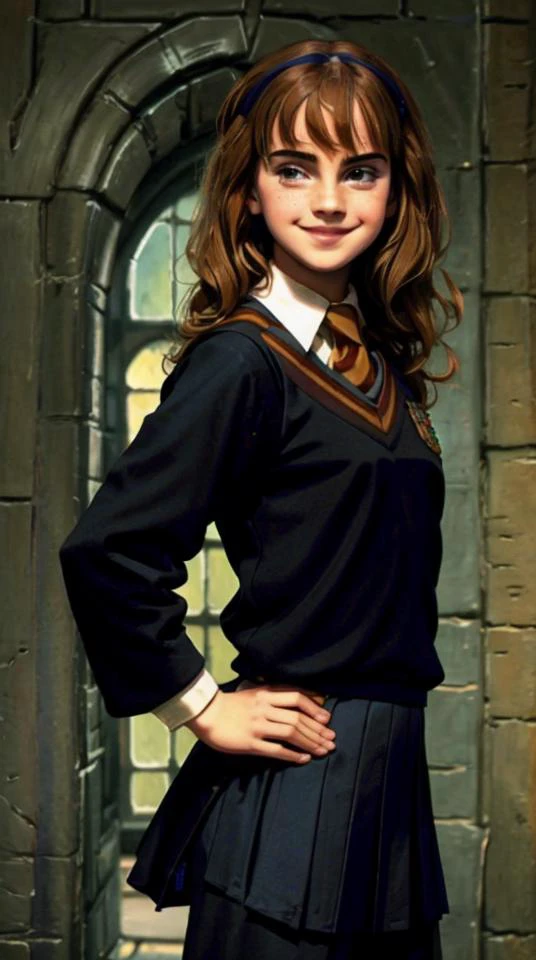 upperbody portreit of , (happy: 1.5), hogwarts uniform,hogwartd background, frontal view <lora:ComicsEmmaWatson:0.9>