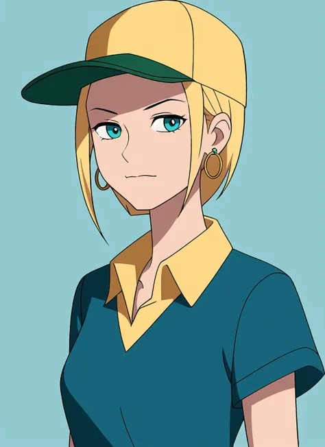ben10af, masterpiece, best quality, 1girl, aqua eyes, baseball cap, blonde hair, closed mouth, earrings, green background, hat, hoop earrings, jewelry, looking at viewer, shirt, short hair, simple background, solo, upper body, yellow shirt ,  <lora:ben10af_offset:1>