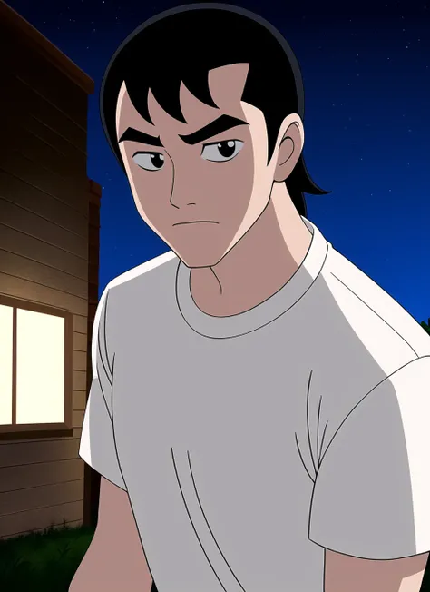 ben10af, masterpiece, best quality, solo, 1boy, male focus, black hair, black eyes, thick eyebrows, night, sky, star \(sky\), night, starry sky, outdoors, frown, closed mouth, shirt, anime coloring, short hair, <lora:ben10af_offset:1>