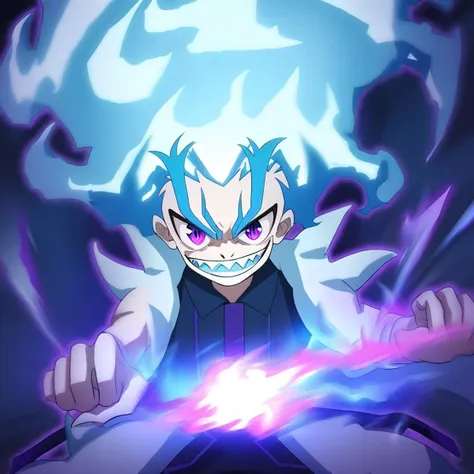 anime style, Lui shirosagi, flame-shaped hair, fire-shaped hair, pale-skinned, boy with light-blue and white hair, violet eyes, aura, 3 rings in the eye, ringed eyes, sharp teeth,