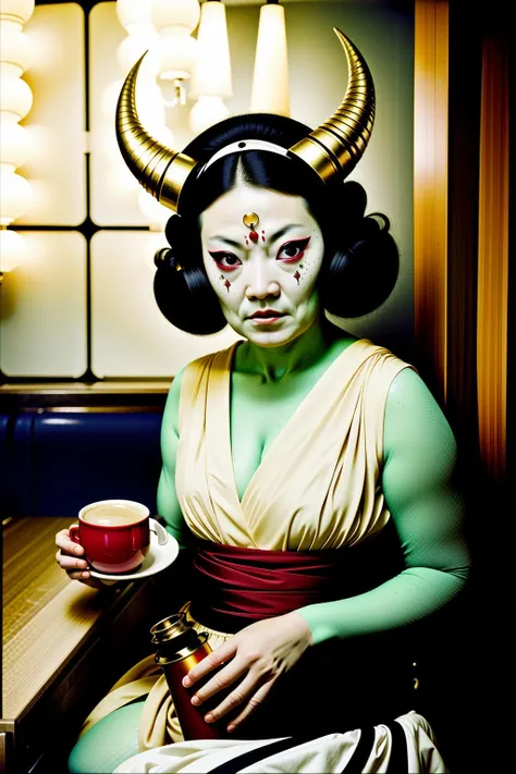 a woman in a costume is working on a machine with horns on her head and a cup of coffee in her hand, David LaChapelle, ektachrome photograph, a colorized photo, transgressive art , yokai