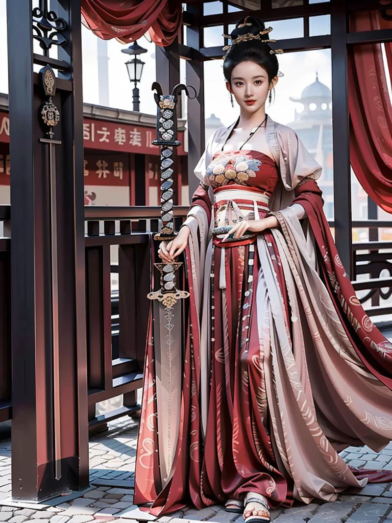 CR1.3,(flirtatious ,seductive:1.4),(RAW photo:1.2),(photorealistic:1.6),(lens 135mm,f1.8:1.2),(ultimate quality, masterpiece:1.3),(intricate details:1.2),(detailed face:1.2),dramatic,ray tracing,fashion photograph,fFaceDetail,Full body,<lora:PerfectBreastsV4-offset:0.3:lbw=BODY>,<lora:goodhands_Beta_Gtonero:0.3:lbw=HAND>,good hands,Fixhand,Sharp focus,cinematic lighting,
<lora:è¶éºç©ZaniLiaZhao:0.8:lbw=FACE>,,
<lora:dunhuangV3:0.65:lbw=CLOTHING>,(floating clothes,thighs,dunhuang cloths,hanfu,waist cape,strapless,navel,robe:1.2),
<lora:Swordism_Girl_v2.0:0.65:lbw=POSE>,swordism,swg flying,Chinese style,(holding weapon,sword:1.6),fighting,,
(1girl,solo,outdoors:1.6),confident smile,beautful face,(medium breasts, narrow waist:1.2),sexy body,perfect body,shiny hairs,<lora:zanhua_v1:0.65>,zanhua,hair ornament,earrings,necklace,jewelry,confident,showcasing,buzzing atmosphere,
(anatomically correct hands,anatomically correct feet,anatomically correct body:1.6),