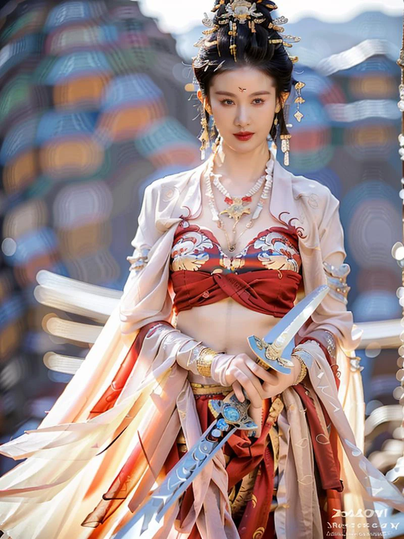 (flirtatious ,seductive:1.4),(RAW photo:1.2),(photorealistic:1.6),(lens 135mm,f1.8:1.2),(ultimate quality, masterpiece:1.3),(intricate details:1.2),(detailed face:1.2),dramatic,ray tracing,fashion photograph,fFaceDetail,Full body,<lora:PerfectBreastsV4-offset:0.3:lbw=BODY>,<lora:goodhands_Beta_Gtonero:0.5:lbw=HAND>,good hands,(nsfw),Sharp focus,cinematic lighting,
<lora:è¶éºç©ZaniLiaZhao:0.8:lbw=FACE>,
<lora:dunhuangV3:0.8:lbw=CLOTHING>,(dunhuang,dunhuang_face,floating clothes,dunhuang cloths,hanfu,waist cape,strapless,navel,robe:1.2),
<lora:Yanxin_ Swordswoman:0.8:lbw=POSE>,swordswoman,,
(1girl,solo,outdoors,holding weapon,sword:1.6),confident smile,beautful face,(medium breasts, narrow waist:1.2),sexy body,perfect body,shiny hairs,<lora:zanhua_v1:0.8>,zanhua,hair ornament,earrings,necklace,jewelry,confident,showcasing,buzzing atmosphere,
(anatomically correct hands:1.5),(anatomically correct feet:1.5),(elegant hands:1.4),
