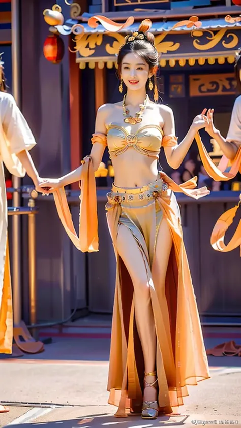 (goddess-like happiness,flirtatious ,seductive:1.4),(RAW photo:1.2),(photorealistic:1.6),(lens 135mm,f1.8:1.2),(ultimate quality, masterpiece:1.3),(intricate details:1.2),(detailed face:1.2),dramatic,ray tracing,fashion photograph,fFaceDetail,Full body,<lora:PerfectBreastsV4-offset:0.3:lbw=BODY>,<lora:goodhands_Beta_Gtonero:0.5:lbw=HAND>,good hands,(nsfw),<lora:inniesbettervaginas_v11:0.3:lbw=BODY>,<lora:PinkNipples:0.3:lbw=BODY>,pnl,Sharp focus,cinematic lighting,
<lora:è¶éºç©ZaniLiaZhao:0.8:lbw=FACE>,,
<lora:dunhuangV3:0.8>,(dunhuang,dunhuang_face,Chinese Dunhuang Flying Fairy,floating clothes,floating flower,pov legs,thighs,dunhuang cloths,hanfu,waist cape,strapless,navel,robe:1.2),
(1girl,solo,outdoors,dancing crowd street:1.6),confident smile,beautful face,(large breasts, narrow waist:1.2),sexy body,perfect body,shiny hairs,hair ornament,earrings,necklace,jewelry,confident,showcasing,buzzing atmosphere,