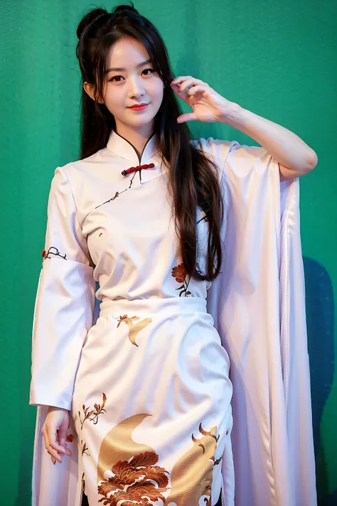 masterpiece, best quality, 1girl, aqua eyes, black hair, closed mouth, multicolored background, looking at viewer, outdoors, solo, upper body, alluring, clean, beautiful face, pure face, pale skin, sexy pose,((hanfu,chinese clothes)), long hair, ((perfect female figure)), mature female, milf, narrow waist, chinese deity, full body,