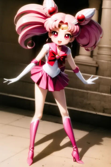 best quality, masterpiece, chibi usa, 1girl, hairpin, pink hair, white gloves, pink skirt, miniskirt, red eyes, chocker, red ribbone,jewelry, chibi usa, game cg, full body, SM uniform, <lora:last chibiusa:0.8>
