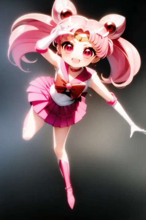best quality, masterpiece, chibi usa, 1girl, hairpin, pink hair, white gloves, pink skirt, miniskirt, red eyes, chocker, red ribbone,jewelry, chibi usa, game cg, full body, SM uniform, <lora:last chibiusa:0.8>