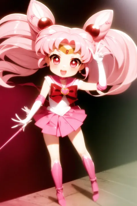 best quality, masterpiece, chibi usa, 1girl, hairpin, pink hair, white gloves, pink skirt, miniskirt, red eyes, chocker, red ribbone,jewelry, chibi usa, game cg, full body, SM uniform, <lora:last chibiusa:0.8>