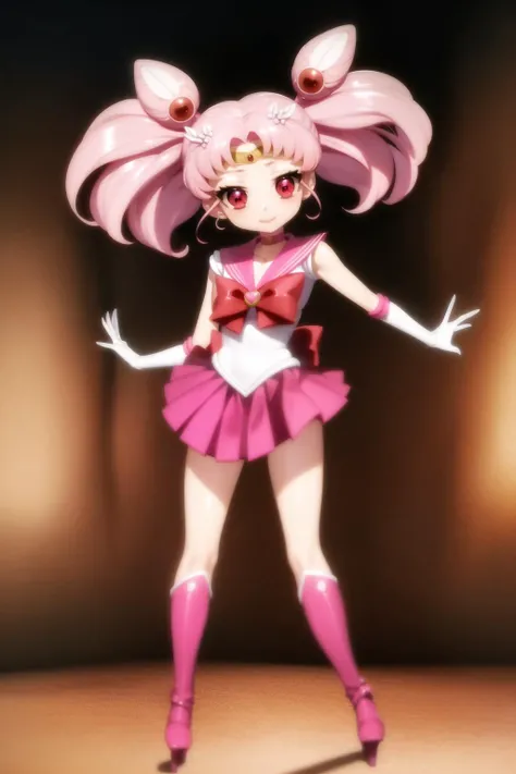 best quality, masterpiece, chibi usa, 1girl, hairpin, pink hair, white gloves, pink skirt, miniskirt, red eyes, chocker, red ribbone,jewelry, chibi usa, game cg, full body, SM uniform, <lora:last chibiusa:0.8>