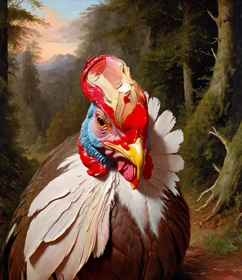 magictutchurch, paint strokes on the face of a turkey bird, Benjamin West, arthouse, a painting, neoclassicism, award - winning epic painting, painted by Frederick Edwin Church, the close-up, naturalistic technique, forest, very detailed, surrounding, dramatic lighting, <lora:magictutchurchV4_SDXL_lora-000005:1.0>, <lora:SDXL_paint_smears_Sa_May:1.3>
