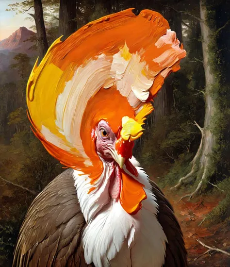magictutchurch, paint strokes on the face of a turkey bird, Benjamin West, arthouse, a painting, neoclassicism,  award - winning epic painting, painted by Frederick Edwin Church, the close-up, naturalistic technique, forest, very detailed, surrounding, dramatic lighting, <lora:magictutchurchV4_SDXL_lora-000005:1.0>,  <lora:SDXL_paint_smears_Sa_May:1.3>