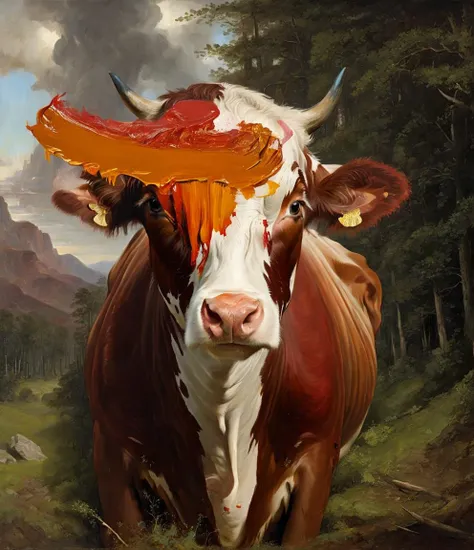 magictutchurch, paint strokes on the face of a cow animal, Benjamin West, arthouse, a painting, neoclassicism,  award - winning epic painting, painted by Frederick Edwin Church, the close-up, naturalistic technique, forest, very detailed, surrounding, dramatic lighting, <lora:magictutchurchV4_SDXL_lora-000005:1.0>,  <lora:SDXL_paint_smears_Sa_May:1.3>