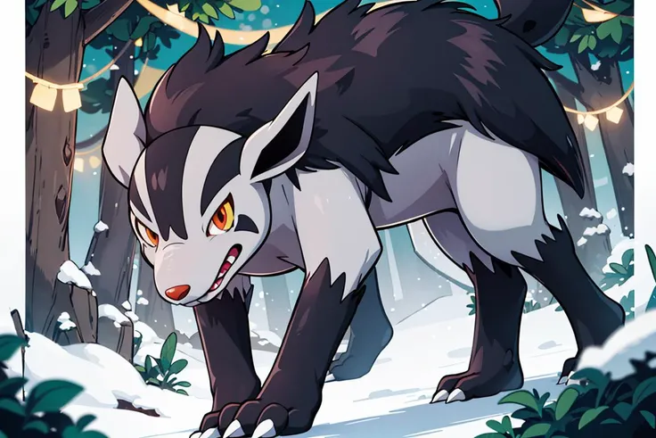 centered, award winning photo, (looking at viewer:1.2), | Mightyena_Pokemon, |snowy forest, | bokeh, depth of field, cinematic composition, | <lora:Mightyena_Pokemon_Anime:0.8>