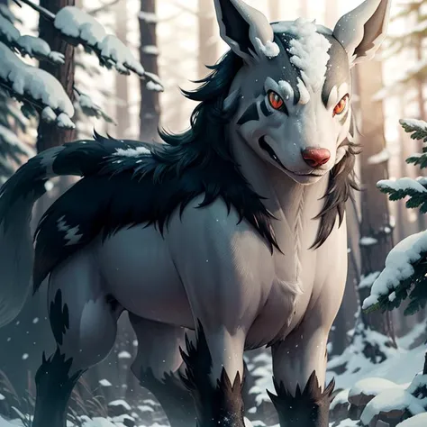 centered, award winning photo, (looking at viewer:1.2), | Mightyena_Pokemon, |snowy forest, | bokeh, depth of field, cinematic composition, | <lora:Mightyena_Pokemon_Anime:0.8>