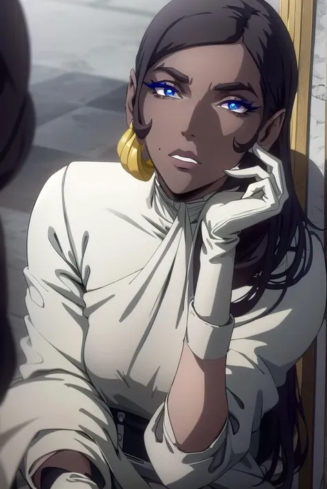 morana, <lora:morana-lora-nochekaiser:1>,
morana, medium hair, blue eyes, black hair, dark skin, dark-skinned female, makeup, lipstick, eyeshadow,
BREAK gloves, earrings, boots, pants, white gloves, cape, black footwear, white jacket, white pants,
BREAK looking at viewer, full body,
BREAK indoors,
BREAK <lyco:GoodHands-beta2:1>, (masterpiece:1.2), best quality, high resolution, unity 8k wallpaper, (illustration:0.8), (beautiful detailed eyes:1.6), extremely detailed face, perfect lighting, extremely detailed CG, (perfect hands, perfect anatomy),