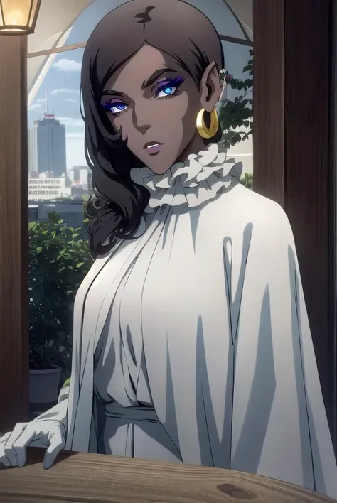 morana, <lora:morana-lora-nochekaiser:1>,
morana, medium hair, blue eyes, black hair, dark skin, dark-skinned female, makeup, lipstick, eyeshadow,
BREAK gloves, earrings, boots, pants, white gloves, cape, black footwear, white jacket, white pants,
BREAK looking at viewer, full body,
BREAK indoors,
BREAK <lyco:GoodHands-beta2:1>, (masterpiece:1.2), best quality, high resolution, unity 8k wallpaper, (illustration:0.8), (beautiful detailed eyes:1.6), extremely detailed face, perfect lighting, extremely detailed CG, (perfect hands, perfect anatomy),