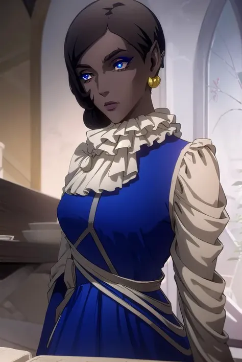 morana, <lora:morana-lora-nochekaiser:1>,
morana, medium hair, blue eyes, black hair, dark skin, dark-skinned female, makeup, lipstick, eyeshadow,
BREAK dress, jewelry, earrings, dark skin, blue dress, long dress,
BREAK looking at viewer, full body,
BREAK indoors,
BREAK <lyco:GoodHands-beta2:1>, (masterpiece:1.2), best quality, high resolution, unity 8k wallpaper, (illustration:0.8), (beautiful detailed eyes:1.6), extremely detailed face, perfect lighting, extremely detailed CG, (perfect hands, perfect anatomy),