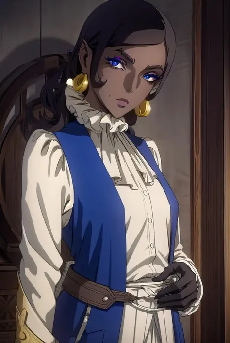 morana, <lora:morana-lora-nochekaiser:1>,
morana, medium hair, blue eyes, black hair, dark skin, dark-skinned female, makeup, lipstick, eyeshadow,
BREAK gloves, jewelry, earrings, boots, black gloves, pants, vest, knee boots,
BREAK looking at viewer, full body,
BREAK indoors,
BREAK <lyco:GoodHands-beta2:1>, (masterpiece:1.2), best quality, high resolution, unity 8k wallpaper, (illustration:0.8), (beautiful detailed eyes:1.6), extremely detailed face, perfect lighting, extremely detailed CG, (perfect hands, perfect anatomy),
