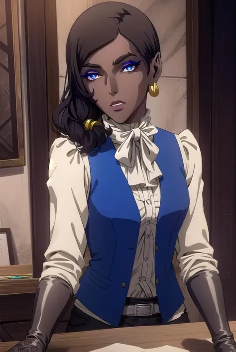 morana, <lora:morana-lora-nochekaiser:1>,
morana, medium hair, blue eyes, black hair, dark skin, dark-skinned female, makeup, lipstick, eyeshadow,
BREAK gloves, jewelry, earrings, boots, black gloves, pants, vest, knee boots,
BREAK looking at viewer, full body,
BREAK indoors,
BREAK <lyco:GoodHands-beta2:1>, (masterpiece:1.2), best quality, high resolution, unity 8k wallpaper, (illustration:0.8), (beautiful detailed eyes:1.6), extremely detailed face, perfect lighting, extremely detailed CG, (perfect hands, perfect anatomy),