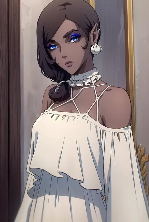 morana, <lora:morana-lora-nochekaiser:1>,
morana, medium hair, blue eyes, black hair, dark skin, dark-skinned female, makeup, lipstick, eyeshadow,
BREAK bare shoulders, long sleeves, dress, earrings, puffy sleeves, white dress, see-through, puffy long sleeves, see-through sleeves,
BREAK looking at viewer, full body,
BREAK indoors,
BREAK <lyco:GoodHands-beta2:1>, (masterpiece:1.2), best quality, high resolution, unity 8k wallpaper, (illustration:0.8), (beautiful detailed eyes:1.6), extremely detailed face, perfect lighting, extremely detailed CG, (perfect hands, perfect anatomy),