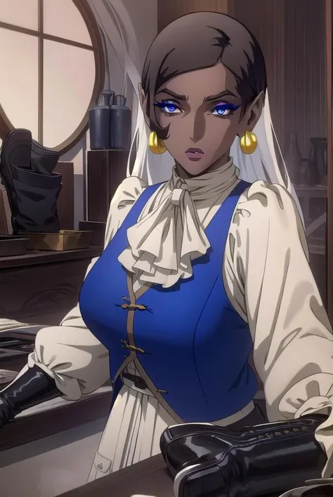morana, <lora:morana-lora-nochekaiser:1>,
morana, medium hair, blue eyes, black hair, dark skin, dark-skinned female, makeup, lipstick, eyeshadow,
BREAK gloves, jewelry, earrings, boots, black gloves, pants, vest, knee boots,
BREAK looking at viewer, full body,
BREAK indoors,
BREAK <lyco:GoodHands-beta2:1>, (masterpiece:1.2), best quality, high resolution, unity 8k wallpaper, (illustration:0.8), (beautiful detailed eyes:1.6), extremely detailed face, perfect lighting, extremely detailed CG, (perfect hands, perfect anatomy),