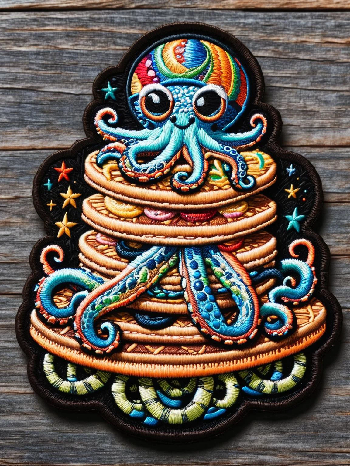 A disco ball octopus wearing platform shoes and dancing on a stack of pancakes. ral-embroideredpatch <lora:ral-embroideredpatch-sdxl:1>, <lora:EnvyBetterHiresFixXL01:0:hr=1>