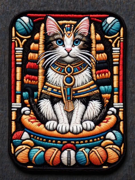 A quirky ral-embroideredpatch depicting a cat as an Egyptian pharaoh, sitting on a throne of yarn balls, with hieroglyphic mice along the border <lora:ral-embroideredpatch-sdxl:1>, <lora:EnvyBetterHiresFixXL01:0:hr=1>