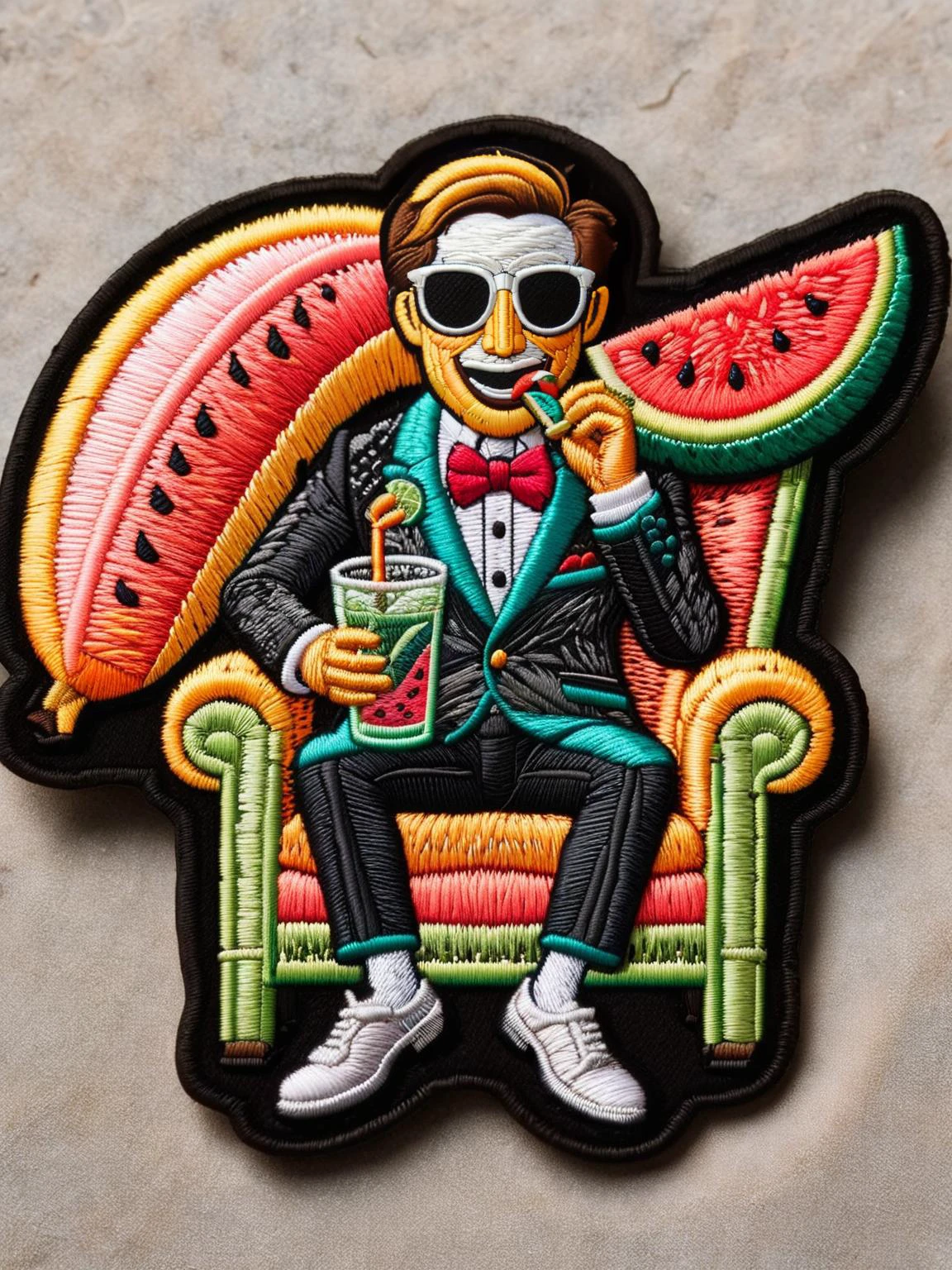 A banana wearing a tuxedo and sunglasses, sipping a martini on a beach chair made of watermelon slices. ral-embroideredpatch <lora:ral-embroideredpatch-sdxl:1>, <lora:EnvyBetterHiresFixXL01:0:hr=1>