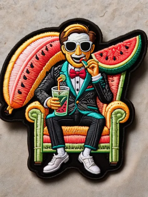 A banana wearing a tuxedo and sunglasses, sipping a martini on a beach chair made of watermelon slices. ral-embroideredpatch <lora:ral-embroideredpatch-sdxl:1>, <lora:EnvyBetterHiresFixXL01:0:hr=1>