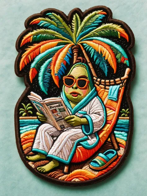 A grumpy avocado wearing a bathrobe and slippers, reading a newspaper in a hammock under a palm tree. ral-embroideredpatch <lora:ral-embroideredpatch-sdxl:1>, <lora:EnvyBetterHiresFixXL01:0:hr=1>
