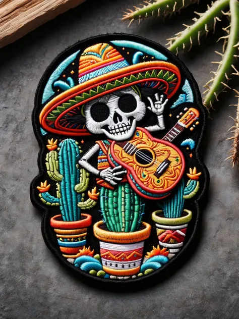 A cactus wearing a sombrero and playing the maracas, surrounded by dancing cacti skeletons. ral-embroideredpatch <lora:ral-embroideredpatch-sdxl:1>, <lora:EnvyBetterHiresFixXL01:0:hr=1>