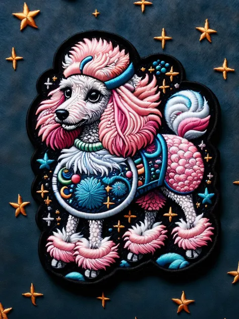 A fluffy pink poodle wearing a tutu made of bubble wrap, floating through a starry space nebula. ral-embroideredpatch <lora:ral-embroideredpatch-sdxl:1>, <lora:EnvyBetterHiresFixXL01:0:hr=1>