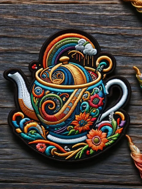 A ral-embroideredpatch depicting a whimsical teapot pouring a rainbow of threads into a cup, with thimble-sized fairies dancing in the steam <lora:ral-embroideredpatch-sdxl:1>, <lora:EnvyBetterHiresFixXL01:0:hr=1>