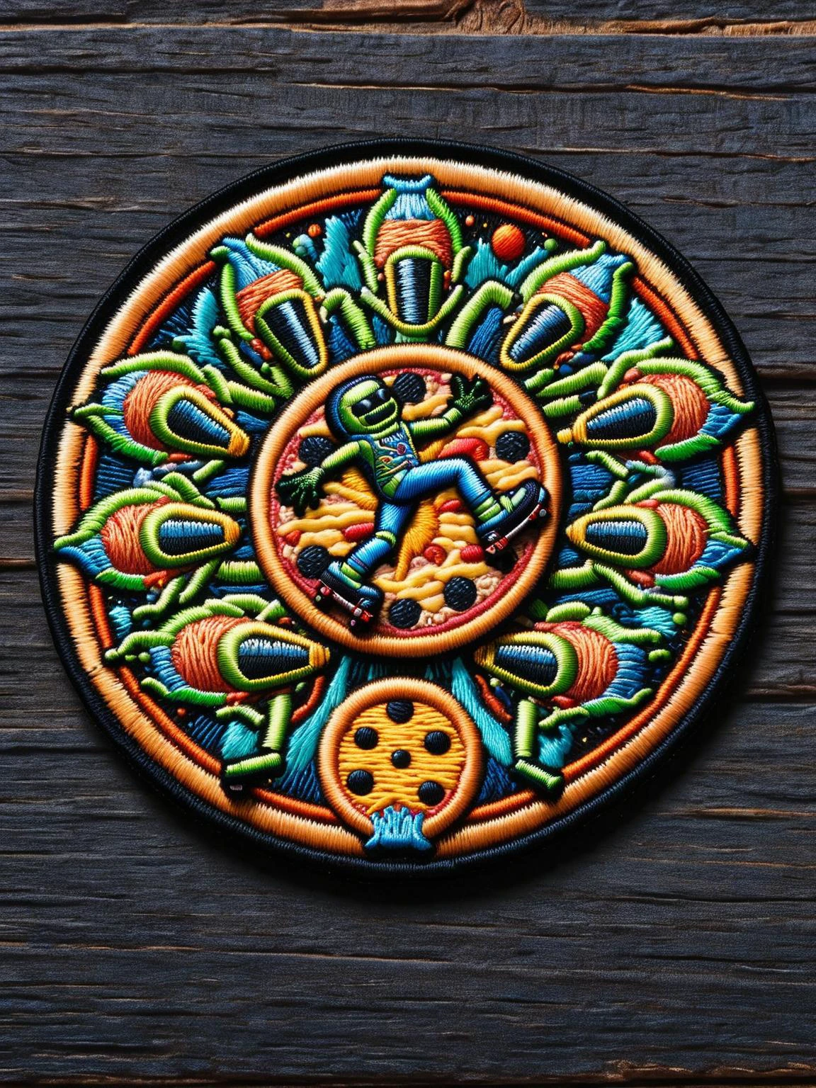 A pizza with legs and roller skates, delivering itself to a surprised group of aliens on a flying plate. ral-embroideredpatch <lora:ral-embroideredpatch-sdxl:1>, <lora:EnvyBetterHiresFixXL01:0:hr=1>