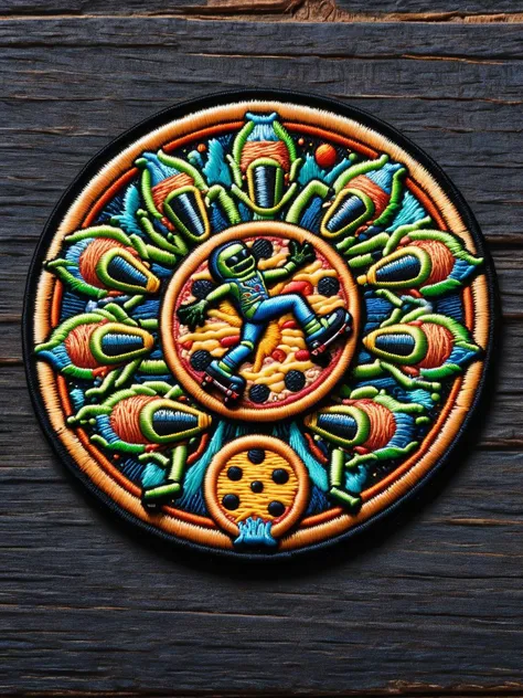A pizza with legs and roller skates, delivering itself to a surprised group of aliens on a flying plate. ral-embroideredpatch <lora:ral-embroideredpatch-sdxl:1>, <lora:EnvyBetterHiresFixXL01:0:hr=1>