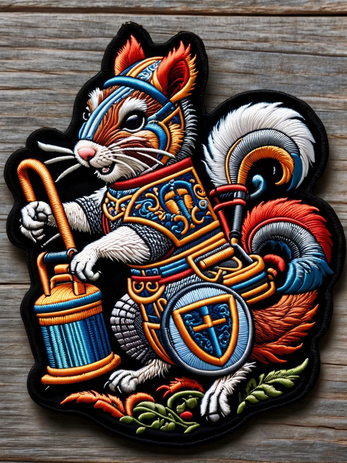 A squirrel dressed as a knight jousting with a vacuum cleaner hose in a medieval tournament. ral-embroideredpatch <lora:ral-embroideredpatch-sdxl:1>, <lora:EnvyBetterHiresFixXL01:0:hr=1>