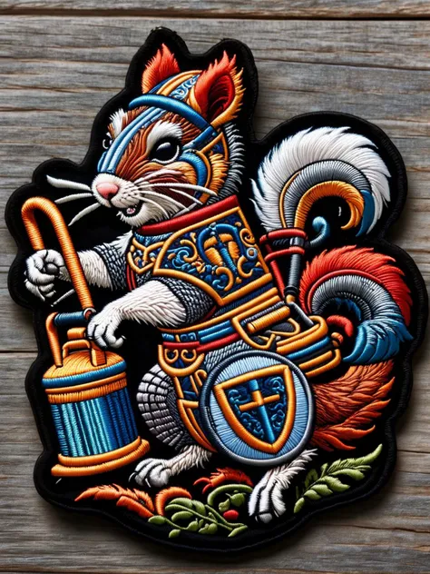 A squirrel dressed as a knight jousting with a vacuum cleaner hose in a medieval tournament. ral-embroideredpatch <lora:ral-embroideredpatch-sdxl:1>, <lora:EnvyBetterHiresFixXL01:0:hr=1>
