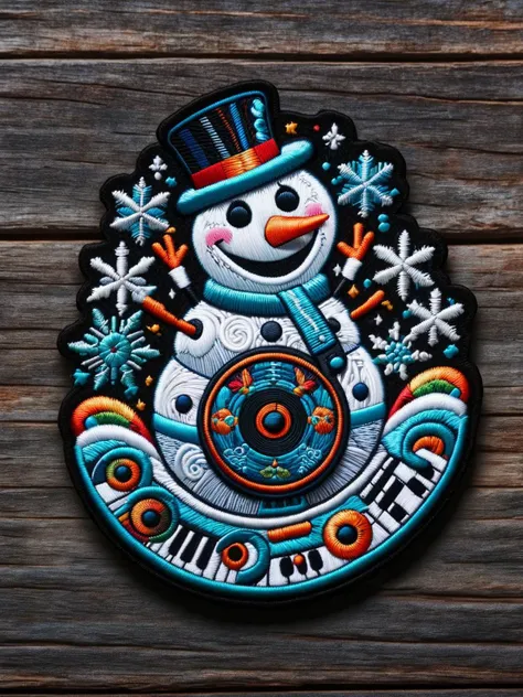 An intricate ral-embroideredpatch of a snowman DJ spinning icy beats at a winter festival, with embroidered snowflakes falling to the rhythm <lora:ral-embroideredpatch-sdxl:1>, <lora:EnvyBetterHiresFixXL01:0:hr=1>