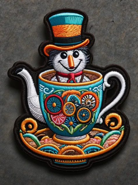 A teapot with googly eyes and a top hat, riding a unicycle on a tightrope over a giant cup of tea. ral-embroideredpatch <lora:ral-embroideredpatch-sdxl:1>, <lora:EnvyBetterHiresFixXL01:0:hr=1>