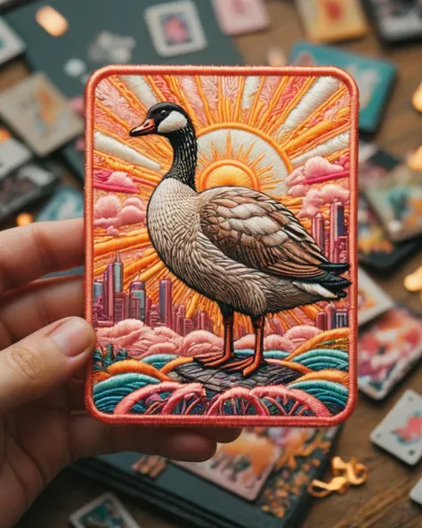 wide shot of a Goose, Cyberpunk, soft focus, Sun Rays, Depth of field 100mm, Instax, dripping Peach and pink,"Don't stop believin', hold on to that feeling.", <lora:ral-embroideredpatch:1> ral-embroideredpatch