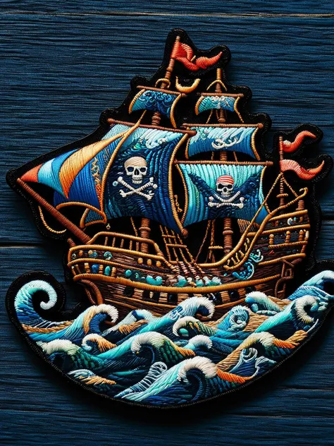 A ral-embroideredpatch featuring a pirate ship with sails of lace, battling a sea monster made of sequins and beads in the shimmery embroidered ocean <lora:ral-embroideredpatch-sdxl:1>, <lora:EnvyBetterHiresFixXL01:0:hr=1>