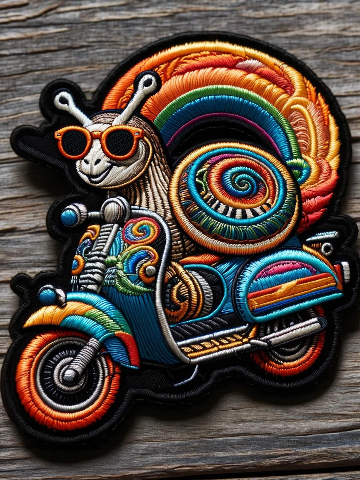 Giant snail wearing sunglasses, riding a Vespa scooter with flames shooting from its back, leaving a trail of rainbows. ral-embroideredpatch <lora:ral-embroideredpatch-sdxl:1>, <lora:EnvyBetterHiresFixXL01:0:hr=1>