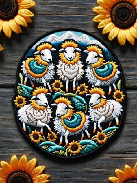 A herd of sheep wearing tutus and tap dancing on a field of sunflowers. ral-embroideredpatch <lora:ral-embroideredpatch-sdxl:1>, <lora:EnvyBetterHiresFixXL01:0:hr=1>