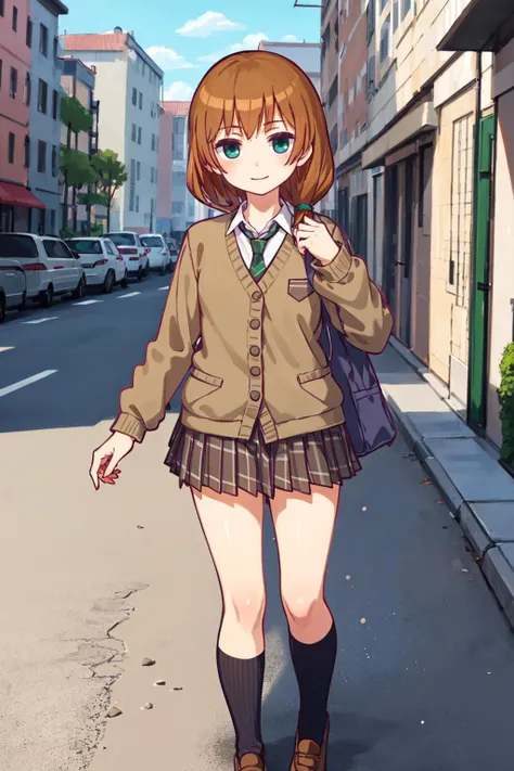 (masterpiece_1.3), (best quality_1.2),1girl,solo,looking at viewer,agichan,((Shallow depth of field)),school uniform,green eyes, necktie, brown hair, pleated skirt, shoes, outdoors, long hair, green necktie, long sleeves, school uniform,brown jacket,smile<lyco:GoodHands-beta2:0.5> <lora:30_agichan:1>