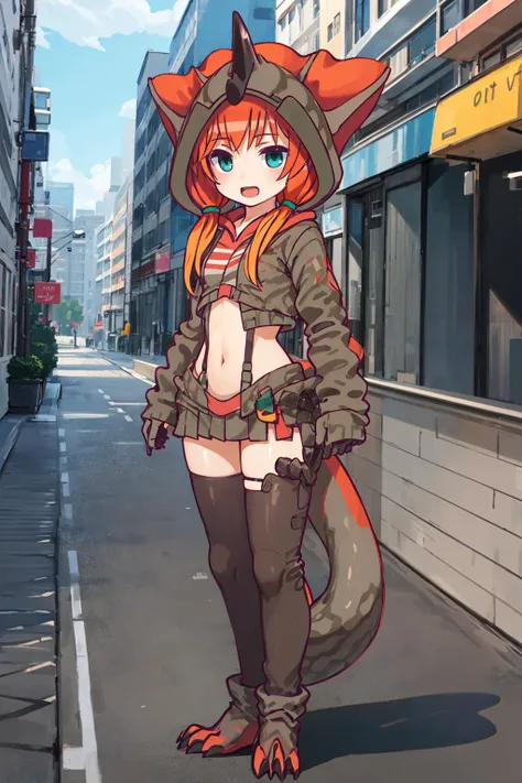 (masterpiece_1.3), (best quality_1.2),1girl,solo,looking at viewer,((Black and white shot)),kaijuumusume,long hair,orange hair,green eyes,bangs,twintails,hood, horns,open mouth,single horn,navel,tail,low twintails, multicolored hair,smile<lyco:GoodHands-beta2:0.5> <lora:30_agichan:1>