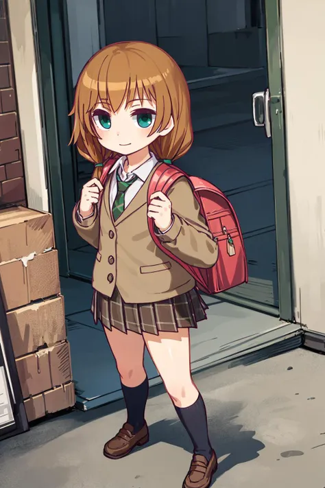 (masterpiece_1.3), (best quality_1.2),1girl,solo,looking at viewer,agichan,((Framing)),school uniform,green eyes, necktie, brown hair, pleated skirt, shoes, bag, outdoors, long hair,  green necktie,  long sleeves, backpack, school uniform,smile<lyco:GoodHands-beta2:0.5> <lora:30_agichan:1>